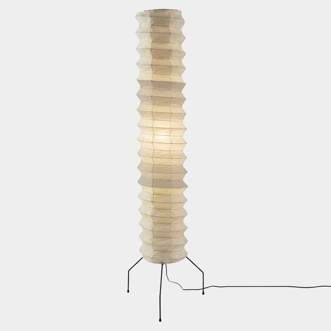 UF4-31N Washi paper floor lamp, 75 inches tall, standing in a minimalist Japandi living room with warm light.