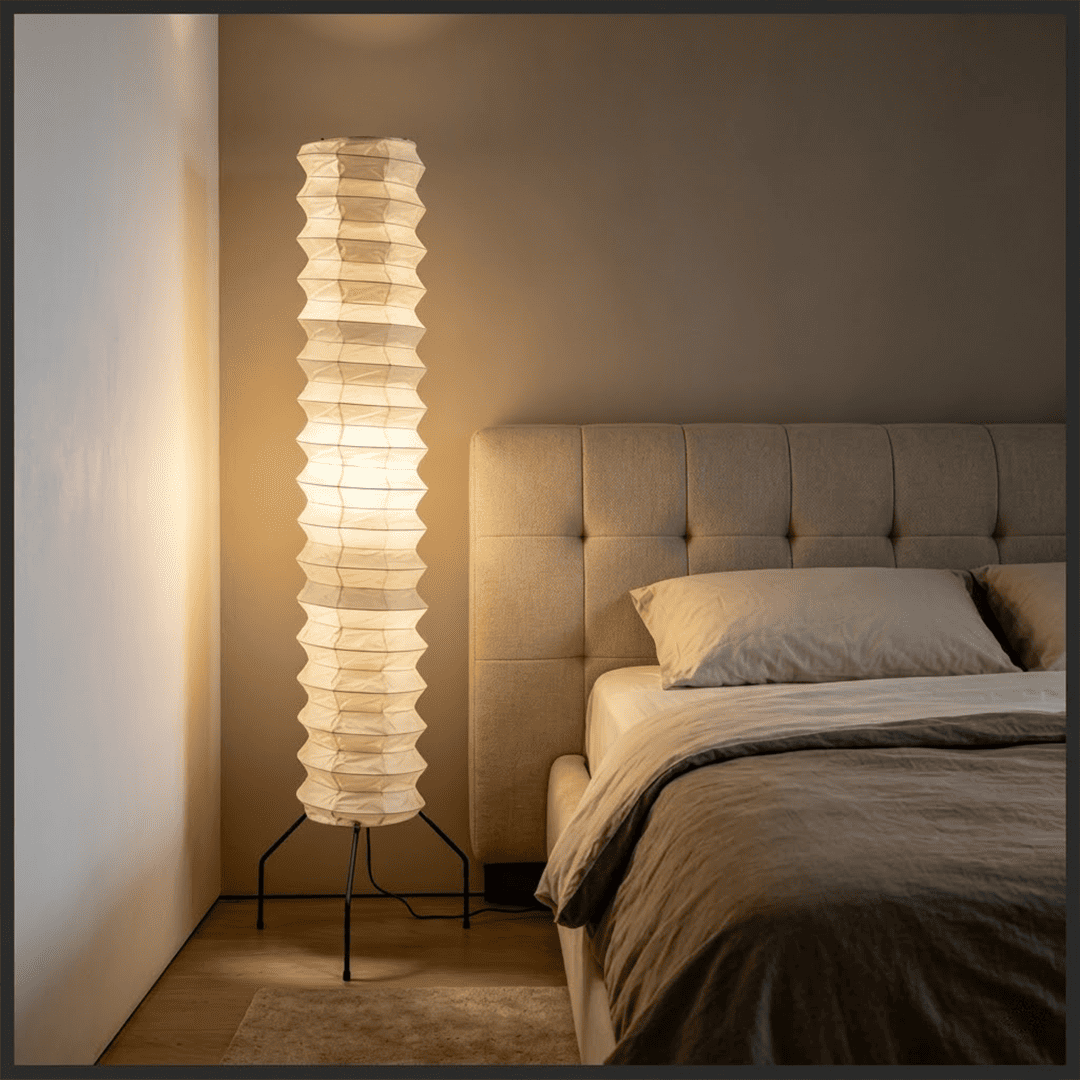 UF4-31N Washi paper floor lamp, 75 inches tall, standing in a minimalist Japandi living room with warm light.