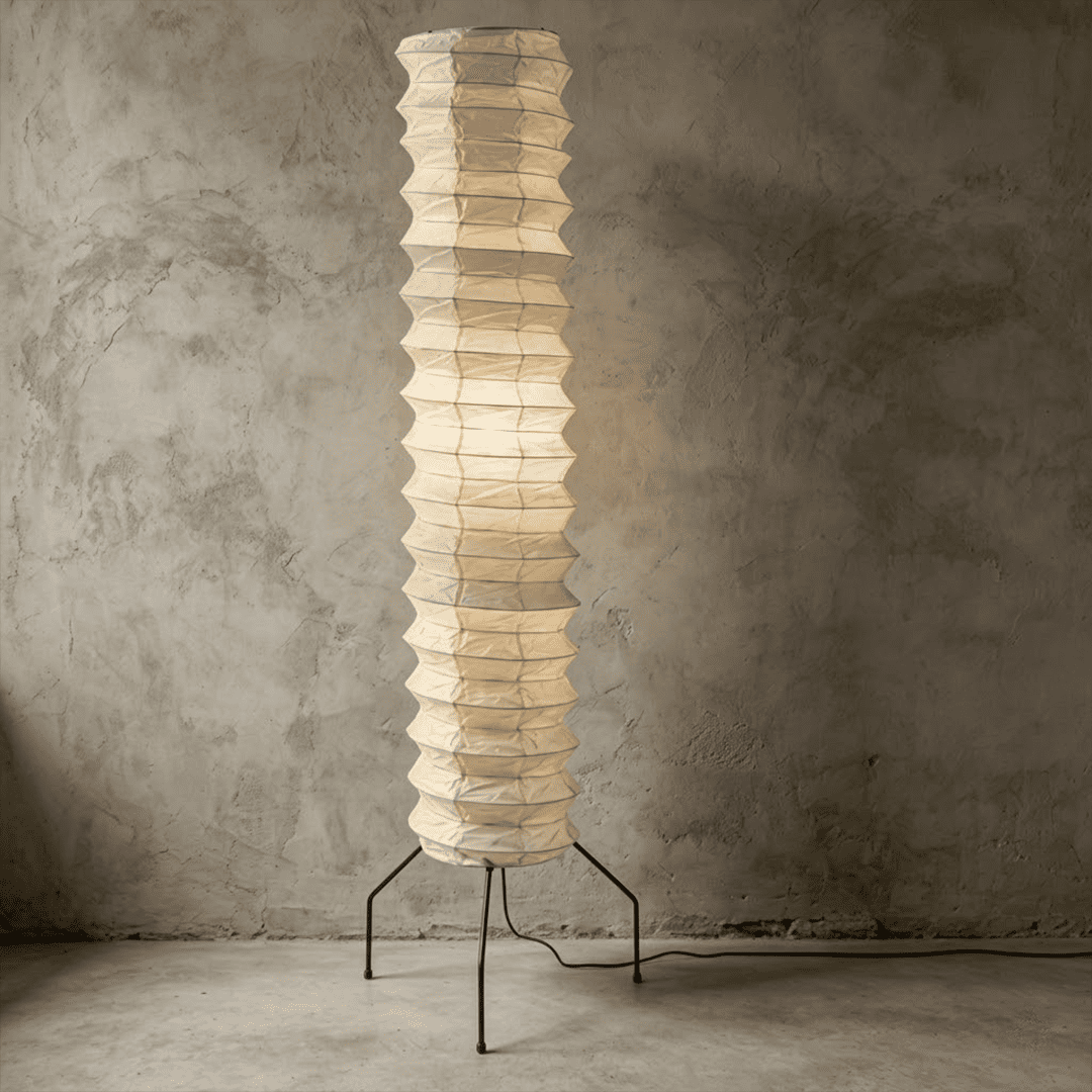 UF4-31N Washi paper floor lamp, 75 inches tall, standing in a minimalist Japandi living room with warm light.