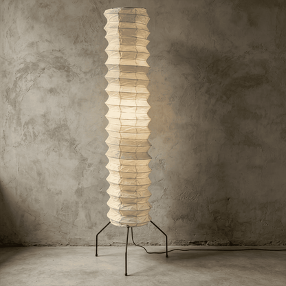 UF4-31N Washi paper floor lamp, 75 inches tall, standing in a minimalist Japandi living room with warm light.