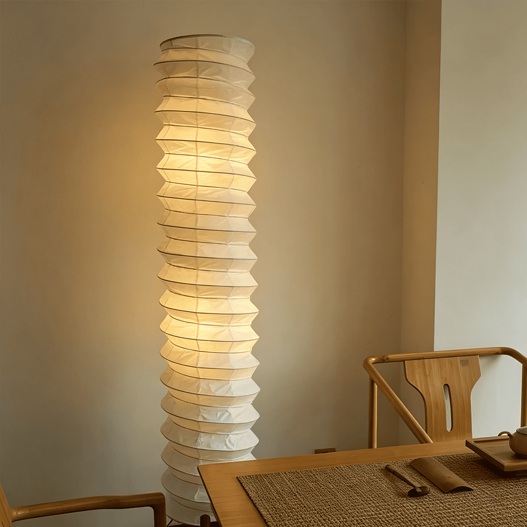 UF4-31N Washi paper floor lamp, 75 inches tall, standing in a minimalist Japandi living room with warm light.