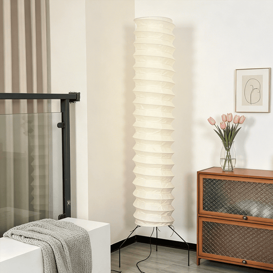 UF4-31N Washi paper floor lamp, 75 inches tall, standing in a minimalist Japandi living room with warm light.