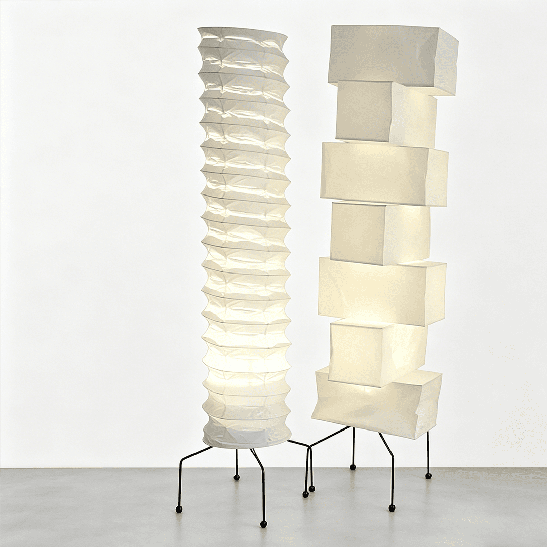 UF4-31N Washi paper floor lamp, 75 inches tall, standing in a minimalist Japandi living room with warm light.