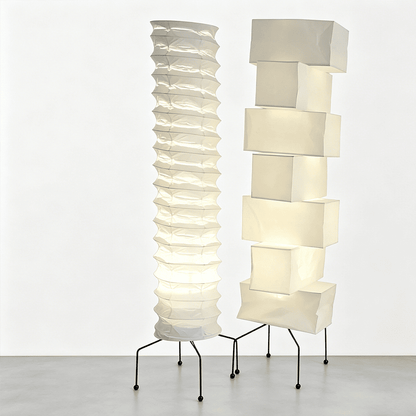 UF4-31N Washi paper floor lamp, 75 inches tall, standing in a minimalist Japandi living room with warm light.
