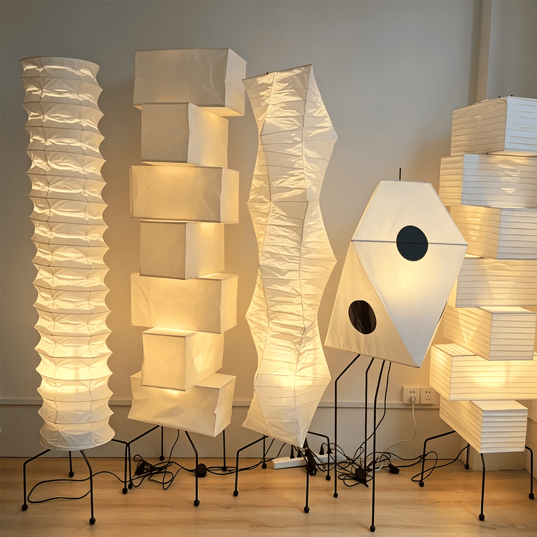 UF4-31N Washi paper floor lamp, 75 inches tall, standing in a minimalist Japandi living room with warm light.