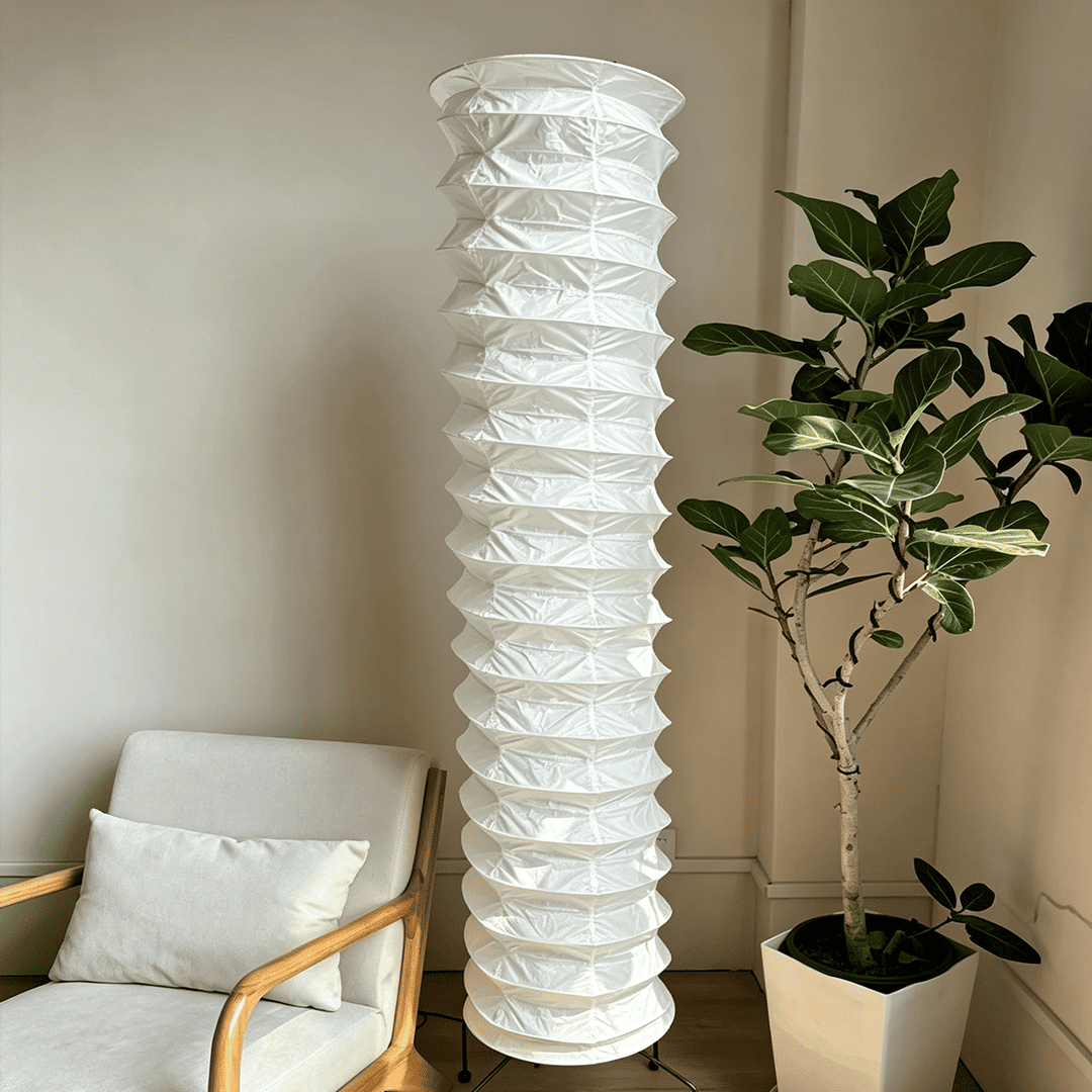 UF4-31N Washi paper floor lamp, 75 inches tall, standing in a minimalist Japandi living room with warm light.