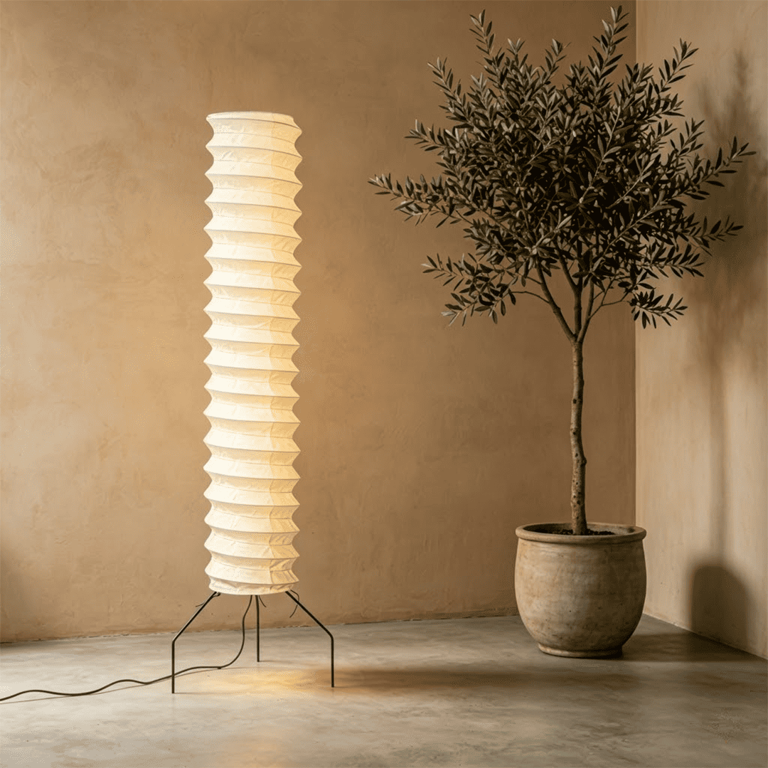 UF4-31N Washi paper floor lamp, 75 inches tall, standing in a minimalist Japandi living room with warm light.