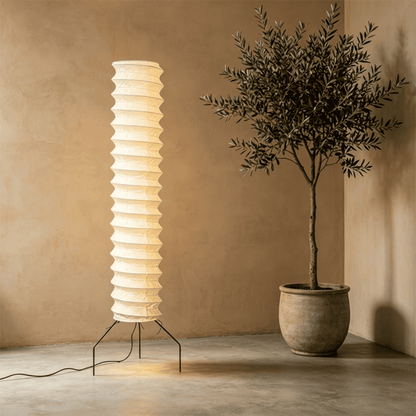 UF4-31N Washi paper floor lamp, 75 inches tall, standing in a minimalist Japandi living room with warm light.