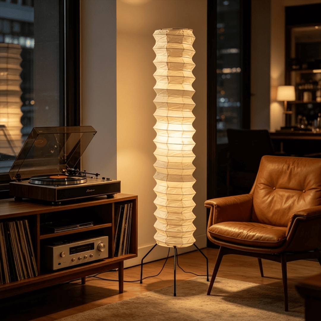 UF4-31N Washi paper floor lamp, 75 inches tall, standing in a minimalist Japandi living room with warm light.