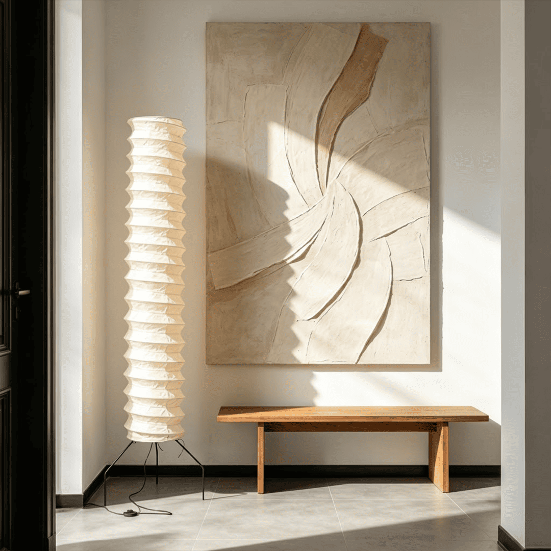 UF4-31N Washi paper floor lamp, 75 inches tall, standing in a minimalist Japandi living room with warm light.