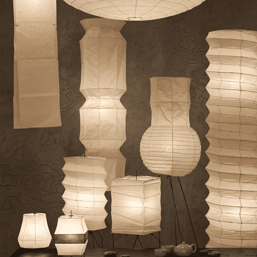 UF4-31N Washi paper floor lamp, 75 inches tall, standing in a minimalist Japandi living room with warm light.