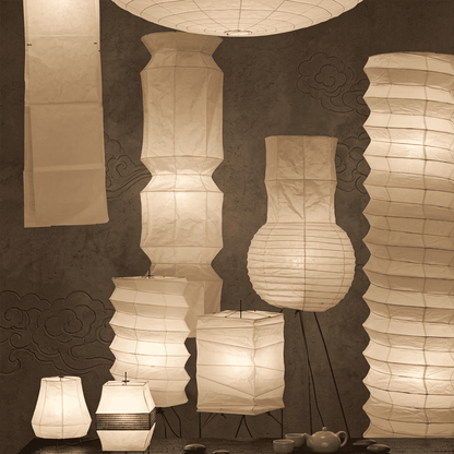 UF4-31N Washi paper floor lamp, 75 inches tall, standing in a minimalist Japandi living room with warm light.