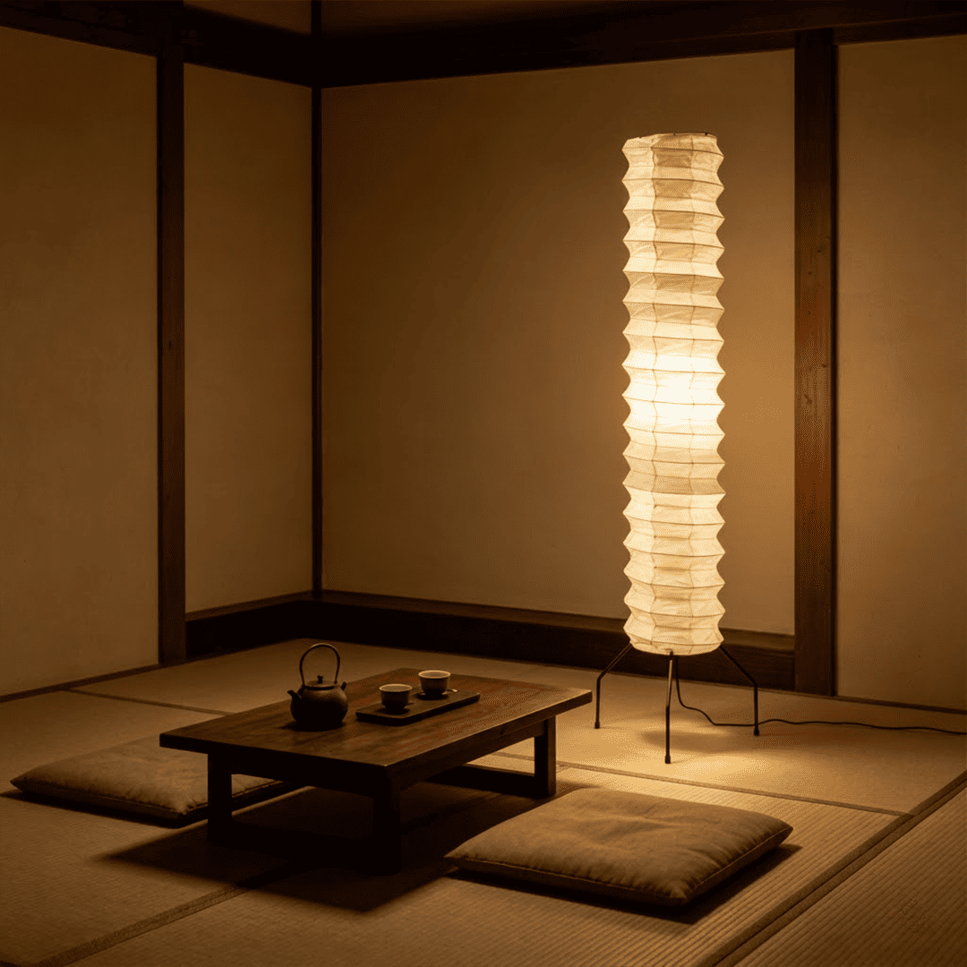 UF4-31N Washi paper floor lamp, 75 inches tall, standing in a minimalist Japandi living room with warm light.