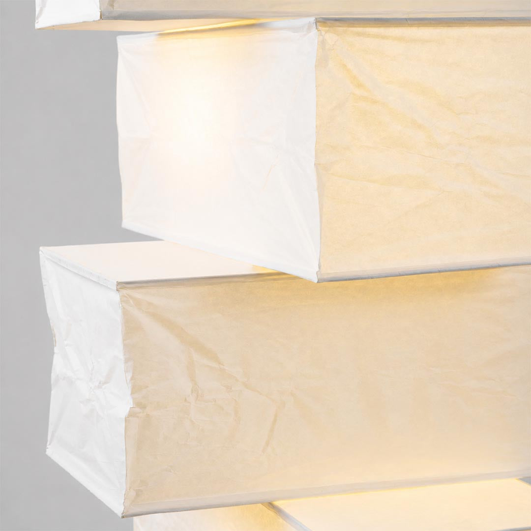 Macro close-up shot showing the organic handcrafted texture and wire frame of the UF4-L10 washi paper floor lamp