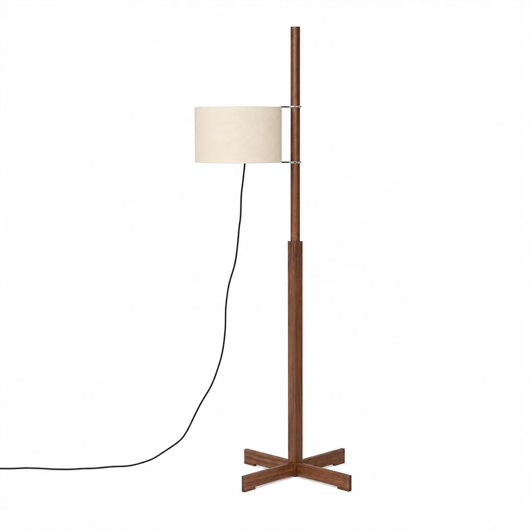 Vara floor lamp modern minimalist Spanish walnut wood rich brown rod slender pole beige linen fabric drum shade 64.9 inch tall E26 Miguel Mila inspired Japandi Scandinavian warm white background