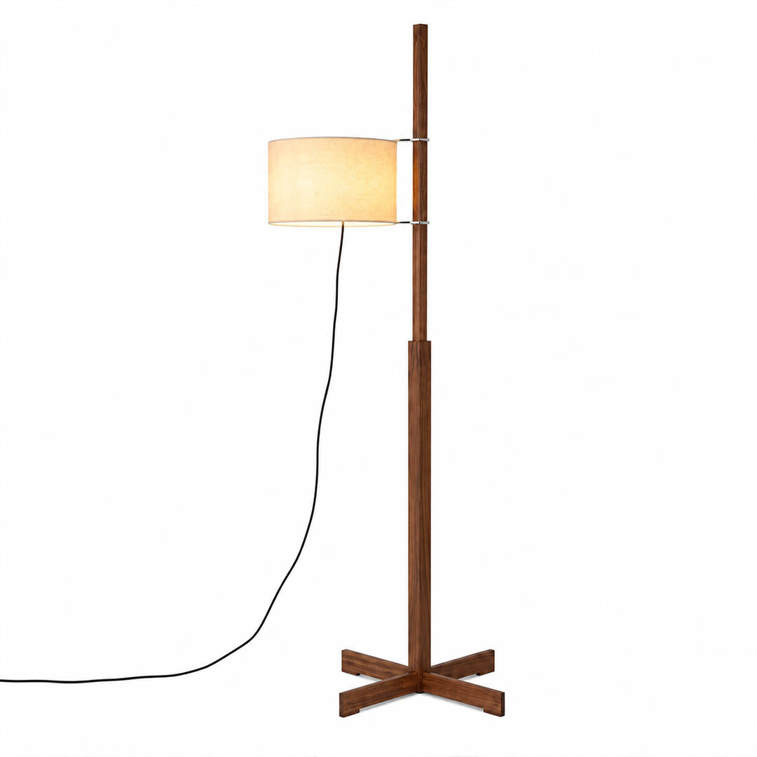 Vara floor lamp modern minimalist Spanish walnut wood rich brown rod slender pole beige linen fabric drum shade 64.9 inch tall E26 Miguel Mila inspired Japandi Scandinavian warm white background