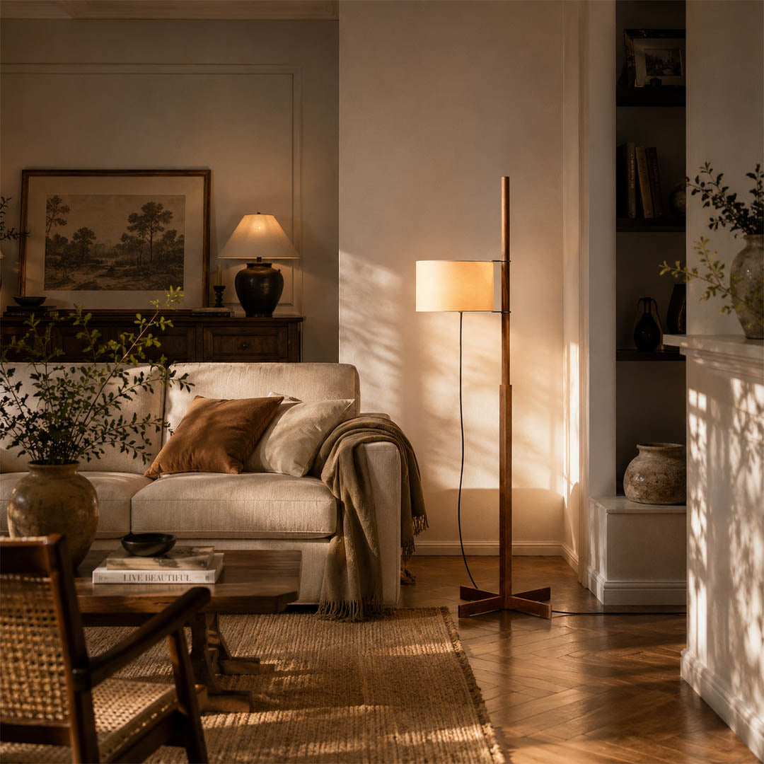 Vara floor lamp nature wood modern living room sofa side minimalist Miguel Mila inspired Scandinavian Japandi wooden rod beige linen drum warm ambient calm serene lifestyle interior