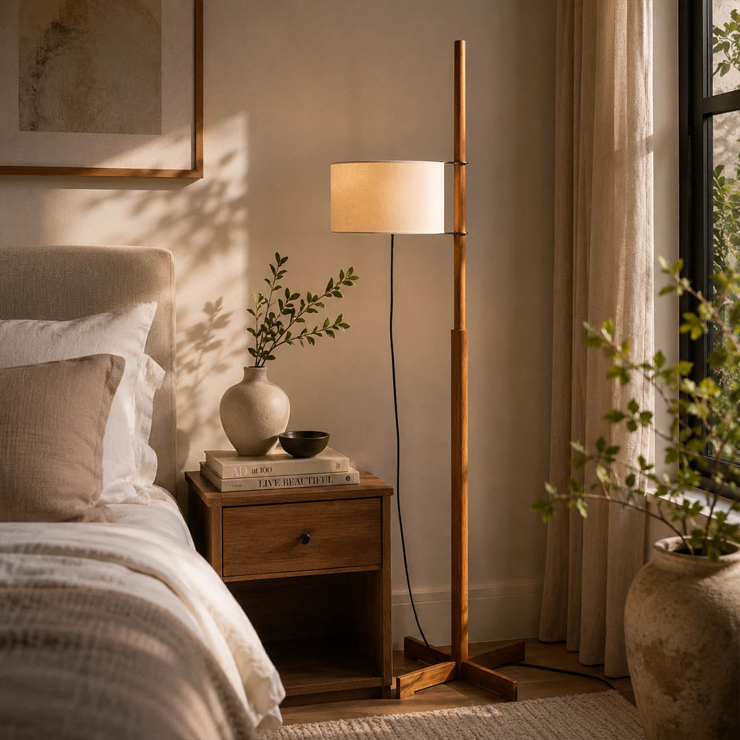 Vara floor lamp nature wood modern Japandi bedroom minimalist zen calm serene wooden rod beige linen drum warm ambient wabi sabi Scandinavian lifestyle interior