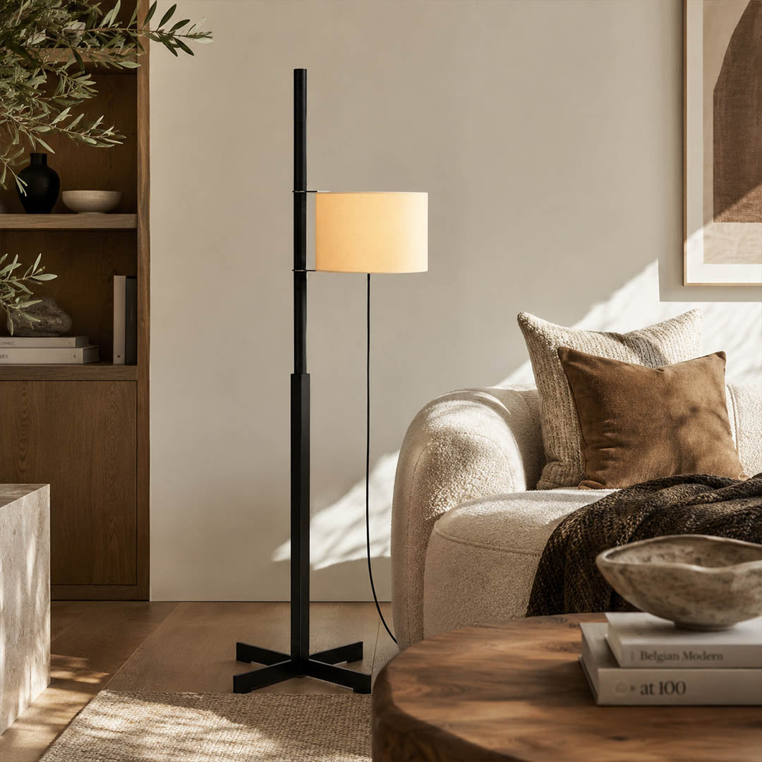 Vara floor lamp nature wood modern living room sofa side minimalist Miguel Mila inspired Scandinavian Japandi wooden rod beige linen drum warm ambient calm serene lifestyle interior