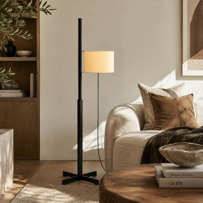Vara floor lamp nature wood modern living room sofa side minimalist Miguel Mila inspired Scandinavian Japandi wooden rod beige linen drum warm ambient calm serene lifestyle interior