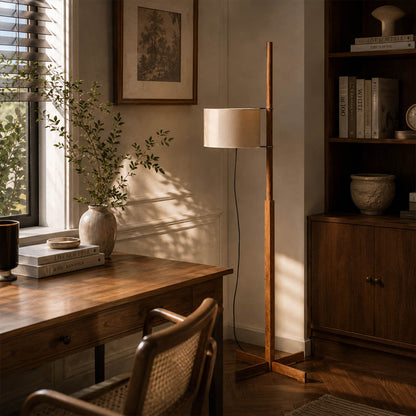 Vara floor lamp black modern home office study desk minimalist Miguel Mila inspired Scandinavian graphic wooden rod beige linen drum warm ambient functional creative lifestyle interior