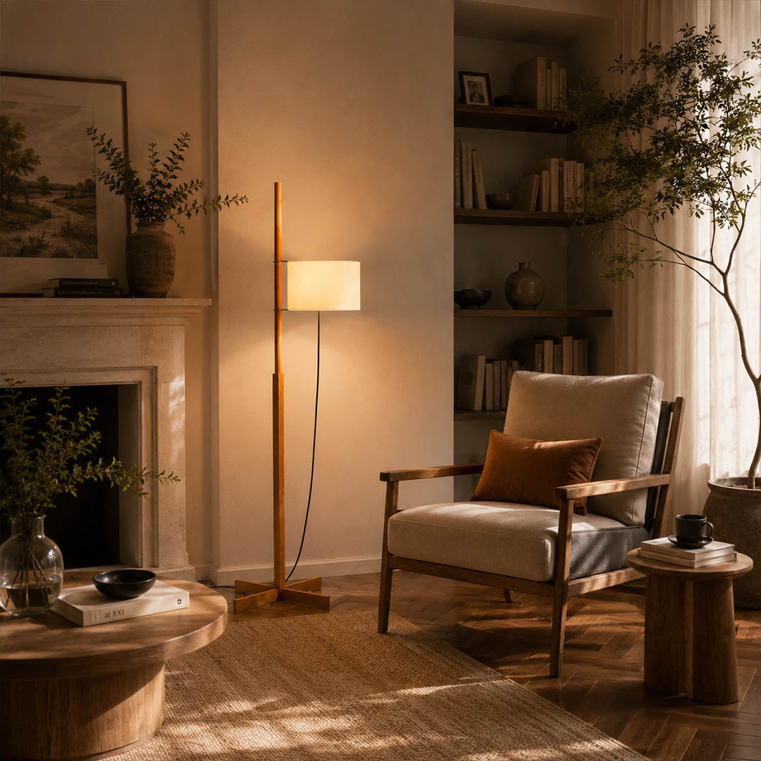 Vara floor lamp walnut wood modern bedroom reading corner armchair Miguel Mila inspired Scandinavian warm rich brown wooden rod beige linen drum warm ambient intimate lifestyle interior