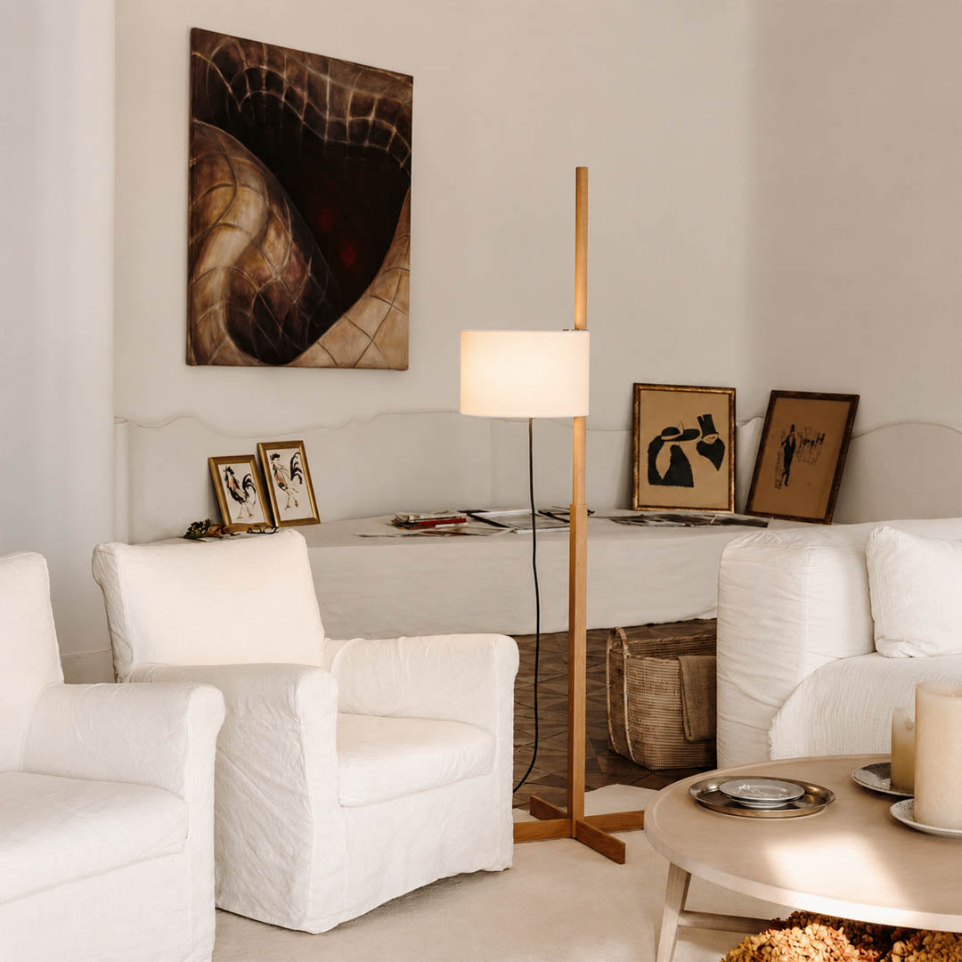 Vara floor lamp nature wood modern living room sofa side minimalist Miguel Mila inspired Scandinavian Japandi wooden rod beige linen drum warm ambient calm serene lifestyle interior