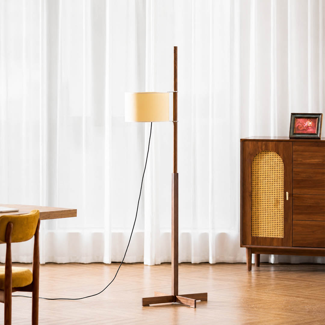 Vara floor lamp nature wood modern dining room corner Miguel Mila inspired Scandinavian minimalist wooden rod beige linen drum warm ambient calm lifestyle interior
