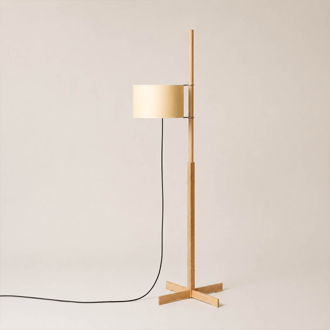 Vara floor lamp modern minimalist Spanish natural nature wood rod slender pole beige linen fabric drum shade 64.9 inch tall E26 Miguel Mila inspired Japandi Scandinavian Zen white background