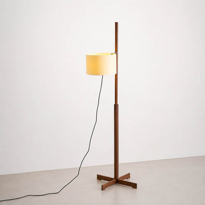 Vara floor lamp modern minimalist Spanish walnut wood rich brown rod slender pole beige linen fabric drum shade 64.9 inch tall E26 Miguel Mila inspired Japandi Scandinavian warm white background