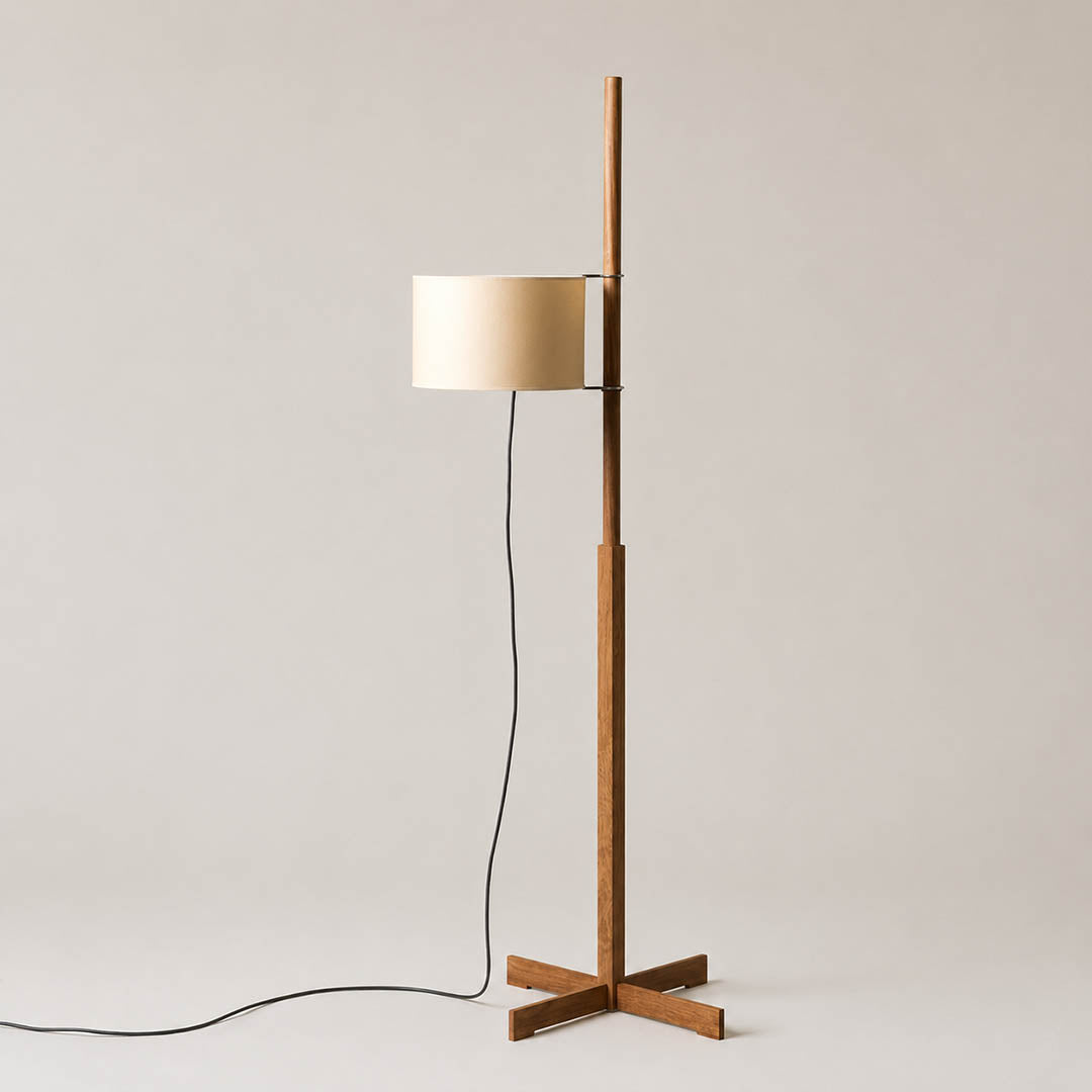 Vara floor lamp 3 color options nature wood walnut black side by side comparison slender rod beige linen drum shade minimalist reference