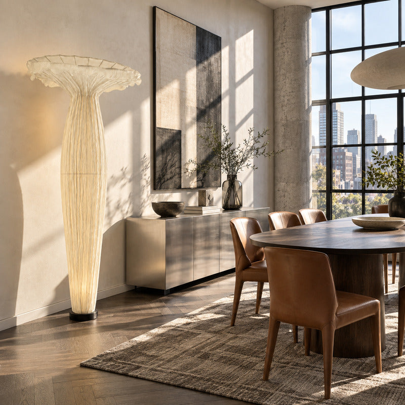 Vaso fabric floor lamp adding soft ambient light beside a dining area sideboard