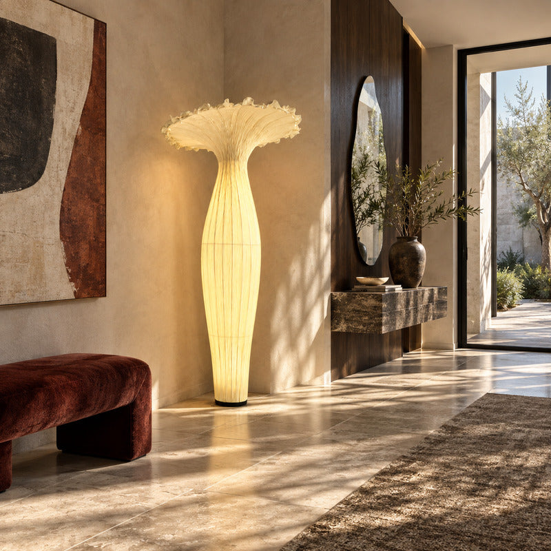 Vaso fabric floor lamp welcoming guests with a warm vase silhouette in an entryway