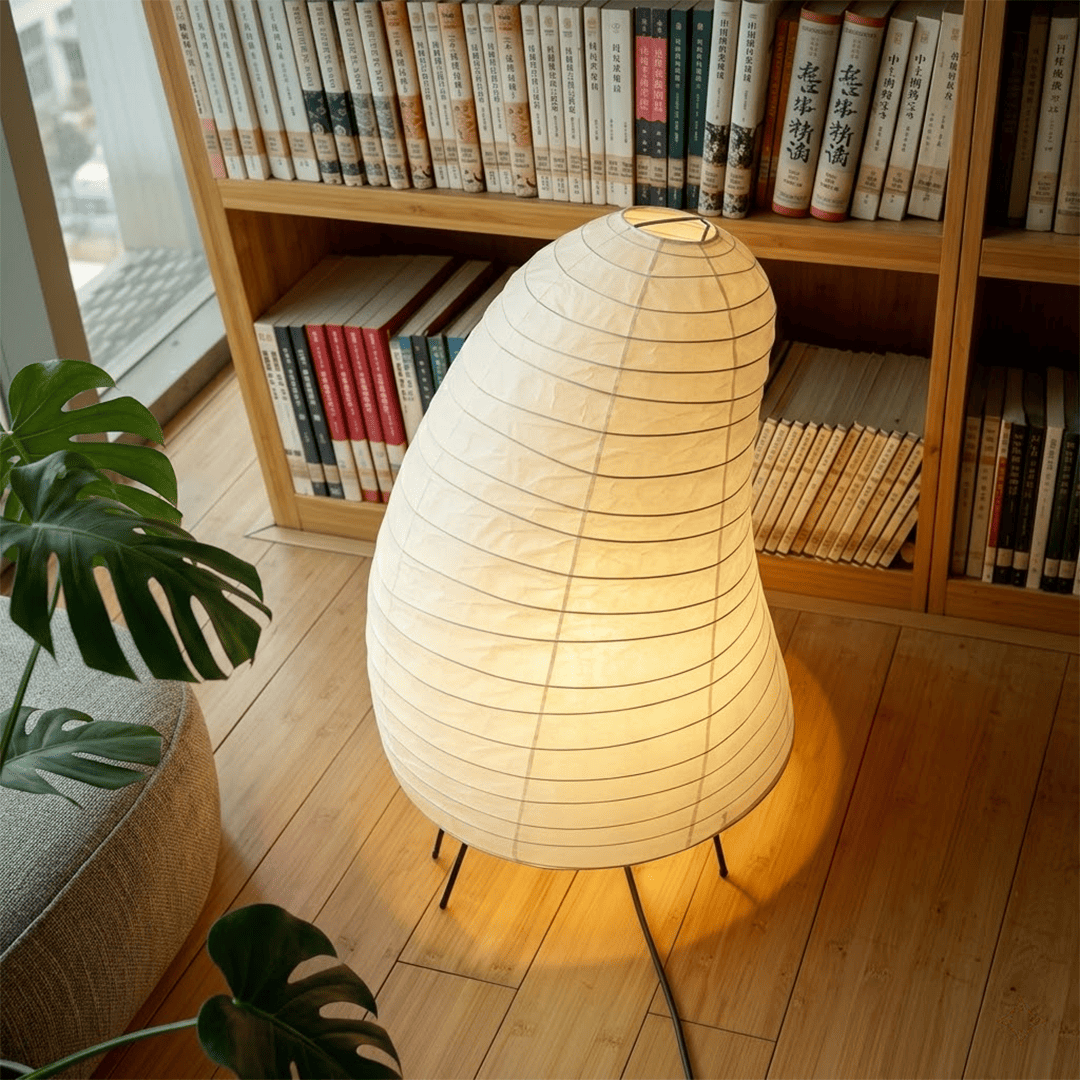 Handcrafted VB-13T Washi paper table lamp with an organic sculptural shape, emitting a warm 2700K glow in a Japandi style interior.