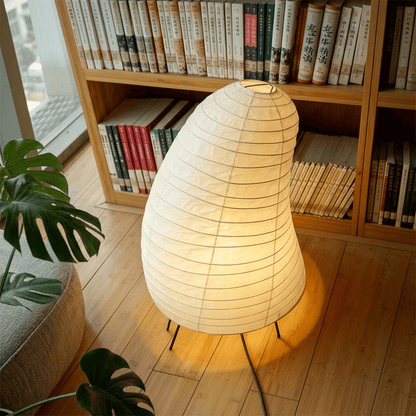 Handcrafted VB-13T Washi paper table lamp with an organic sculptural shape, emitting a warm 2700K glow in a Japandi style interior.