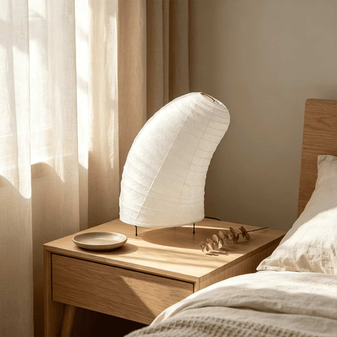 Handcrafted VB-13T Washi paper table lamp with an organic sculptural shape, emitting a warm 2700K glow in a Japandi style interior.