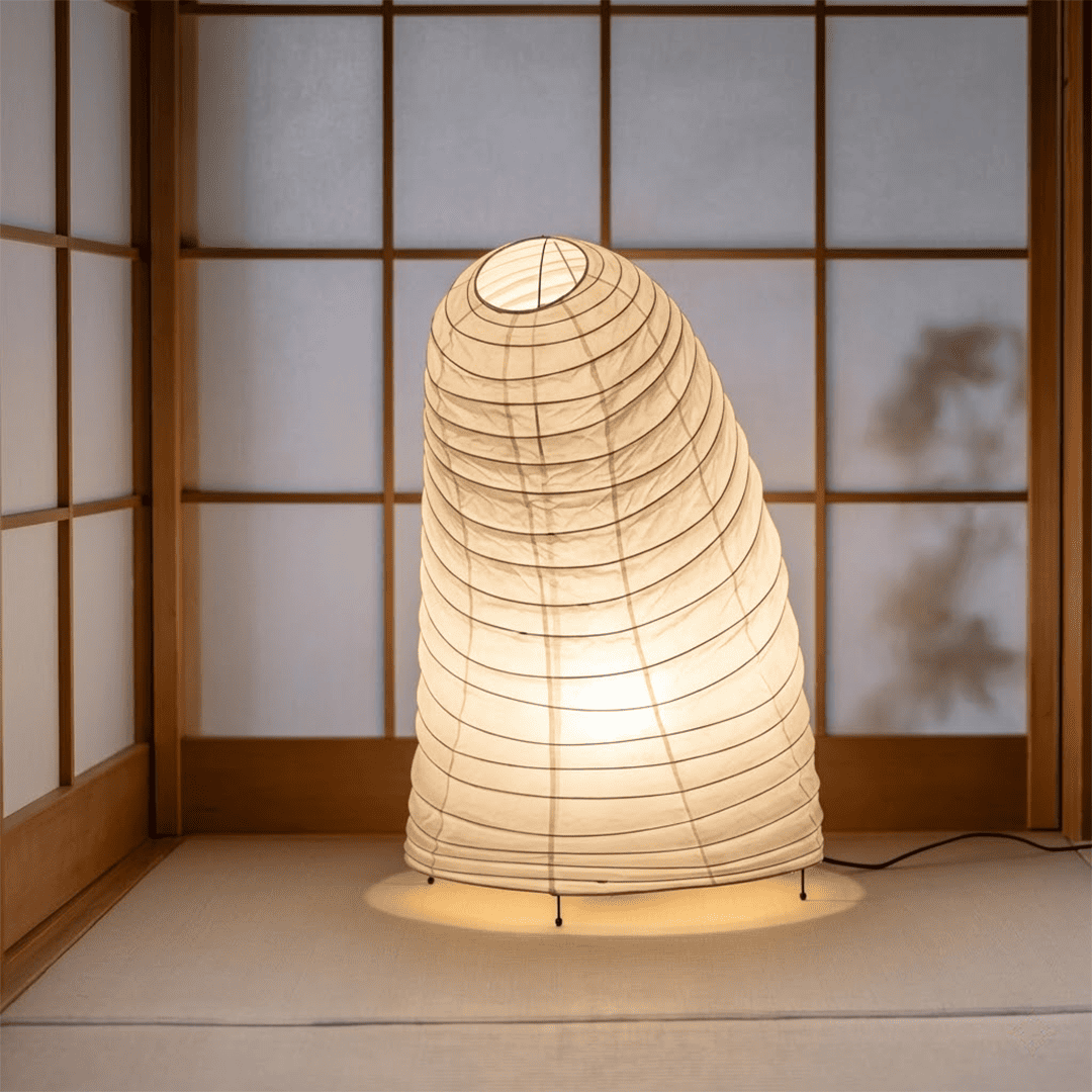 Handcrafted VB-13T Washi paper table lamp with an organic sculptural shape, emitting a warm 2700K glow in a Japandi style interior.