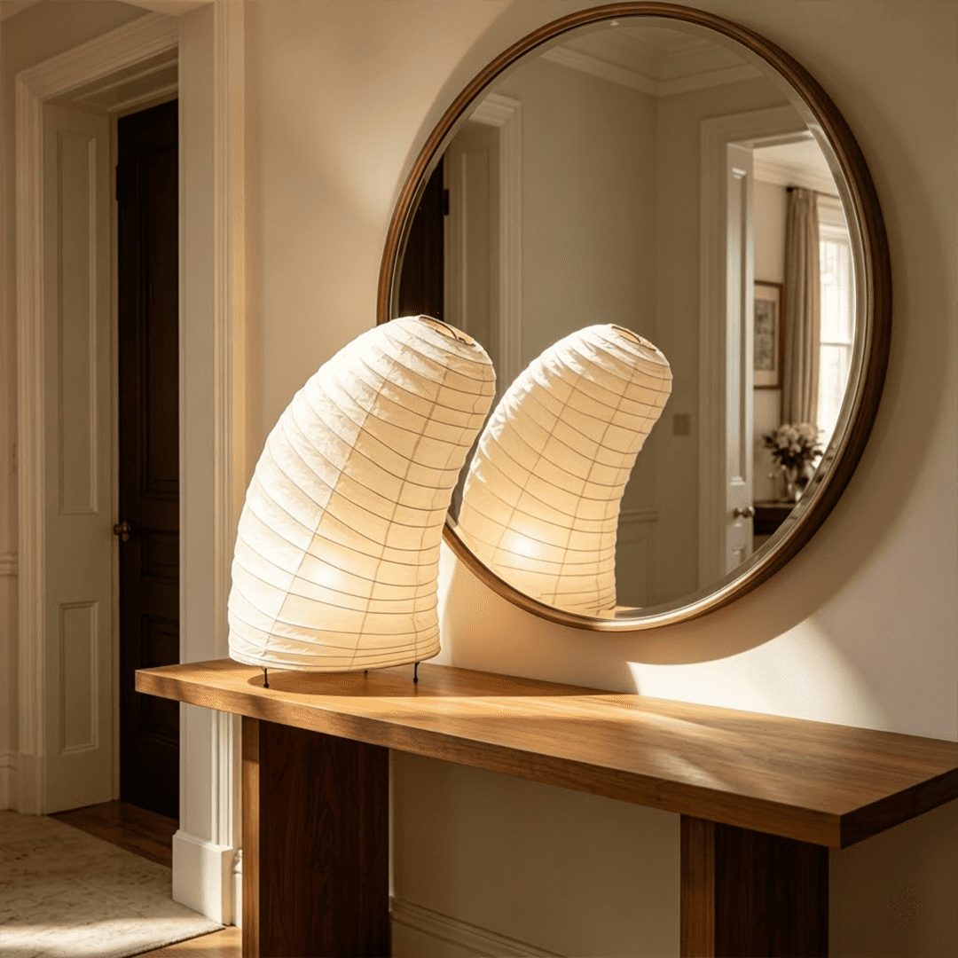 Handcrafted VB-13T Washi paper table lamp with an organic sculptural shape, emitting a warm 2700K glow in a Japandi style interior.
