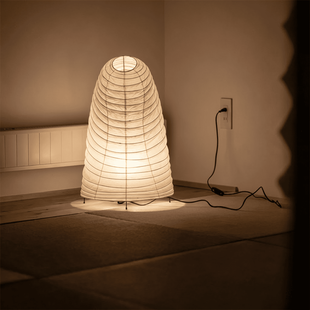 Handcrafted VB-13T Washi paper table lamp with an organic sculptural shape, emitting a warm 2700K glow in a Japandi style interior.