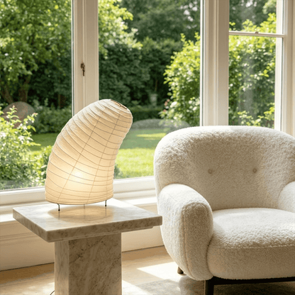 Handcrafted VB-13T Washi paper table lamp with an organic sculptural shape, emitting a warm 2700K glow in a Japandi style interior.