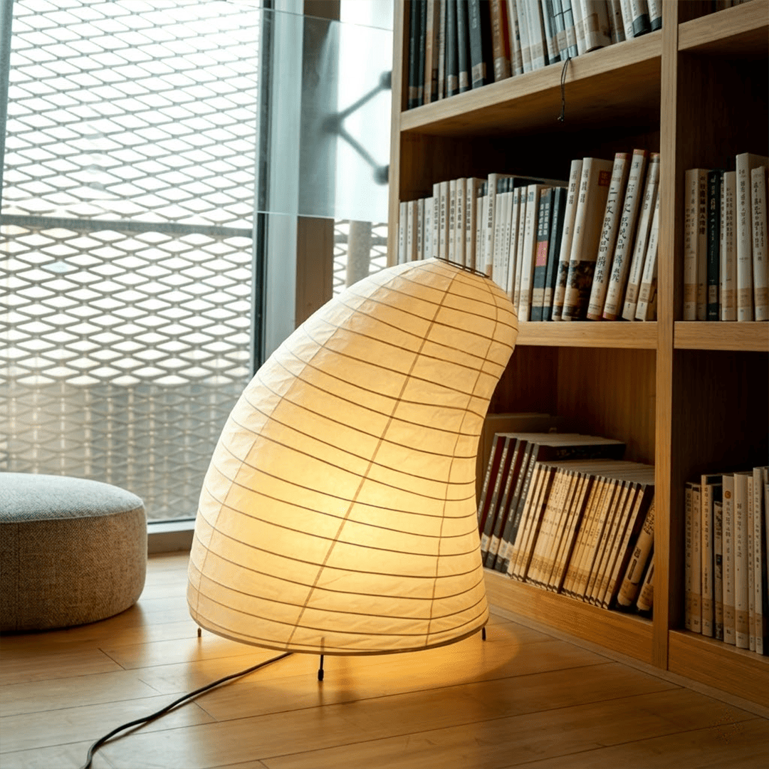 Handcrafted VB-13T Washi paper table lamp with an organic sculptural shape, emitting a warm 2700K glow in a Japandi style interior.
