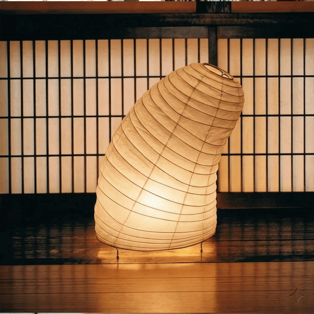 Handcrafted VB-13T Washi paper table lamp with an organic sculptural shape, emitting a warm 2700K glow in a Japandi style interior.