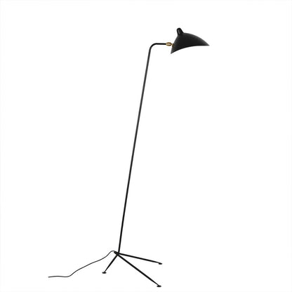 Vega mid century tripod floor lamp matte black side view long articulated arm reaching out reflector head sculptural silhouette