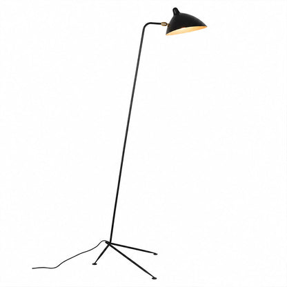 Vega mid century tripod floor lamp matte black side view long articulated arm reaching out reflector head sculptural silhouette