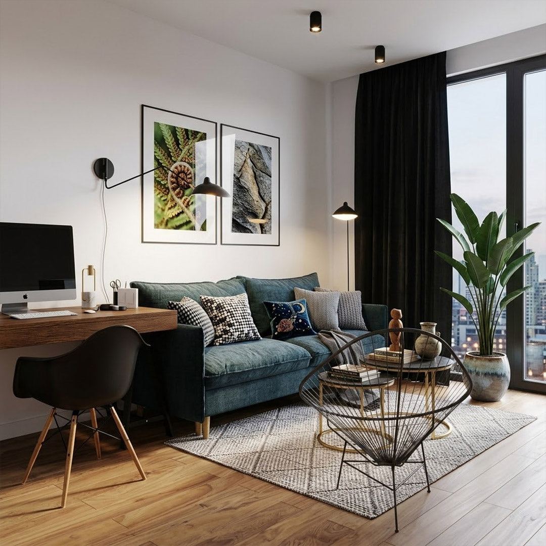 Vega tripod floor lamp behind sofa corner positioned long articulated arm reaching over seating area modern interior