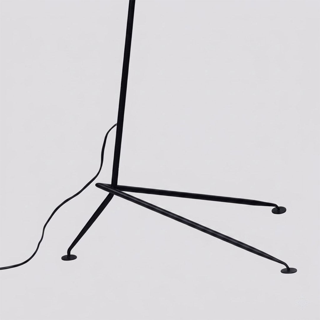 Vega tripod base three legged tapered matte black metal close up detail mid century modernist floor lamp foundation