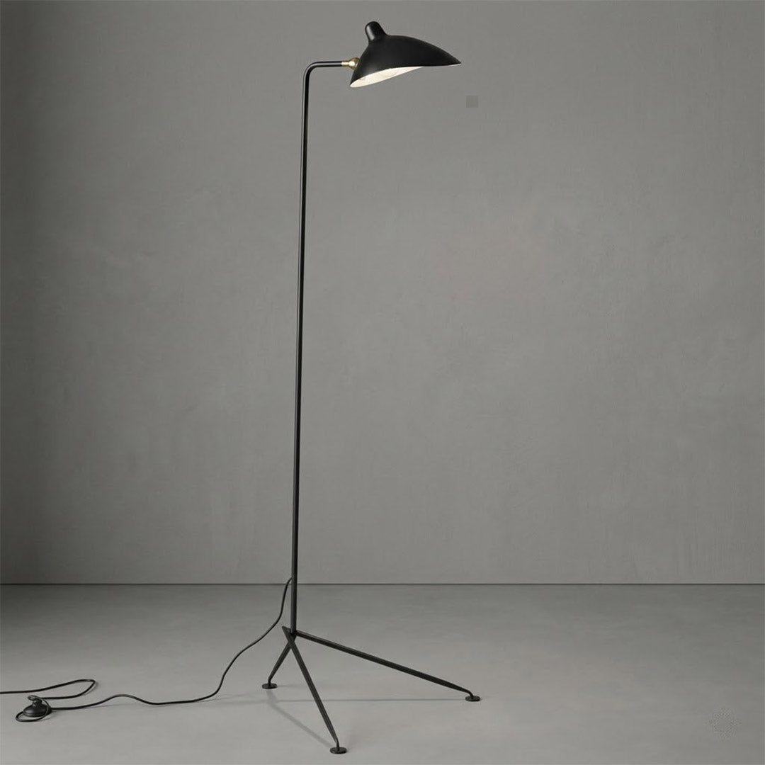 Vega mid century tripod floor lamp matte black steel articulated arm pivoting reflector front view white background