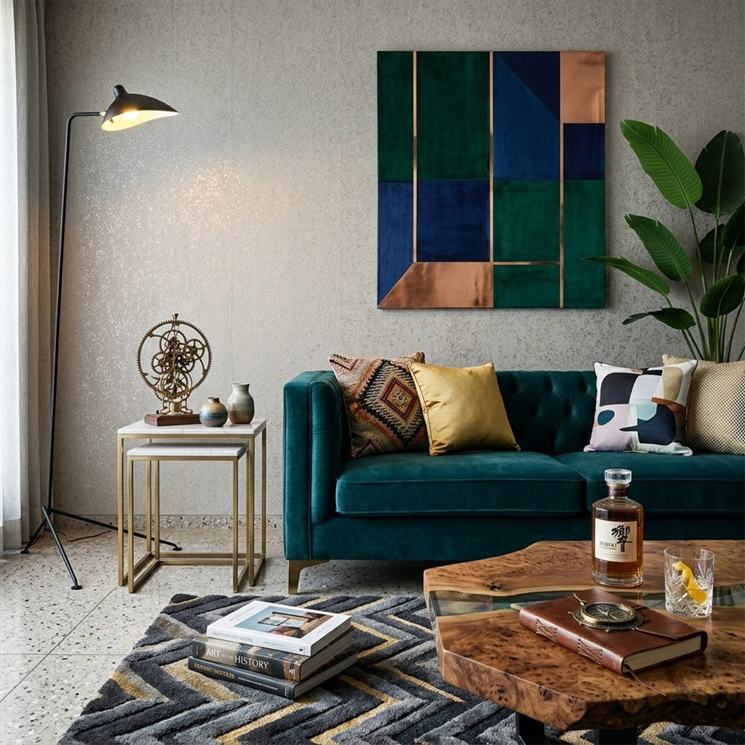 Vega tripod floor lamp behind sofa corner positioned long articulated arm reaching over seating area modern interior