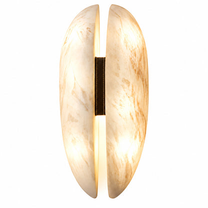 Velo wall sconce with white alabaster panels, black frame and dark leather band on a white background