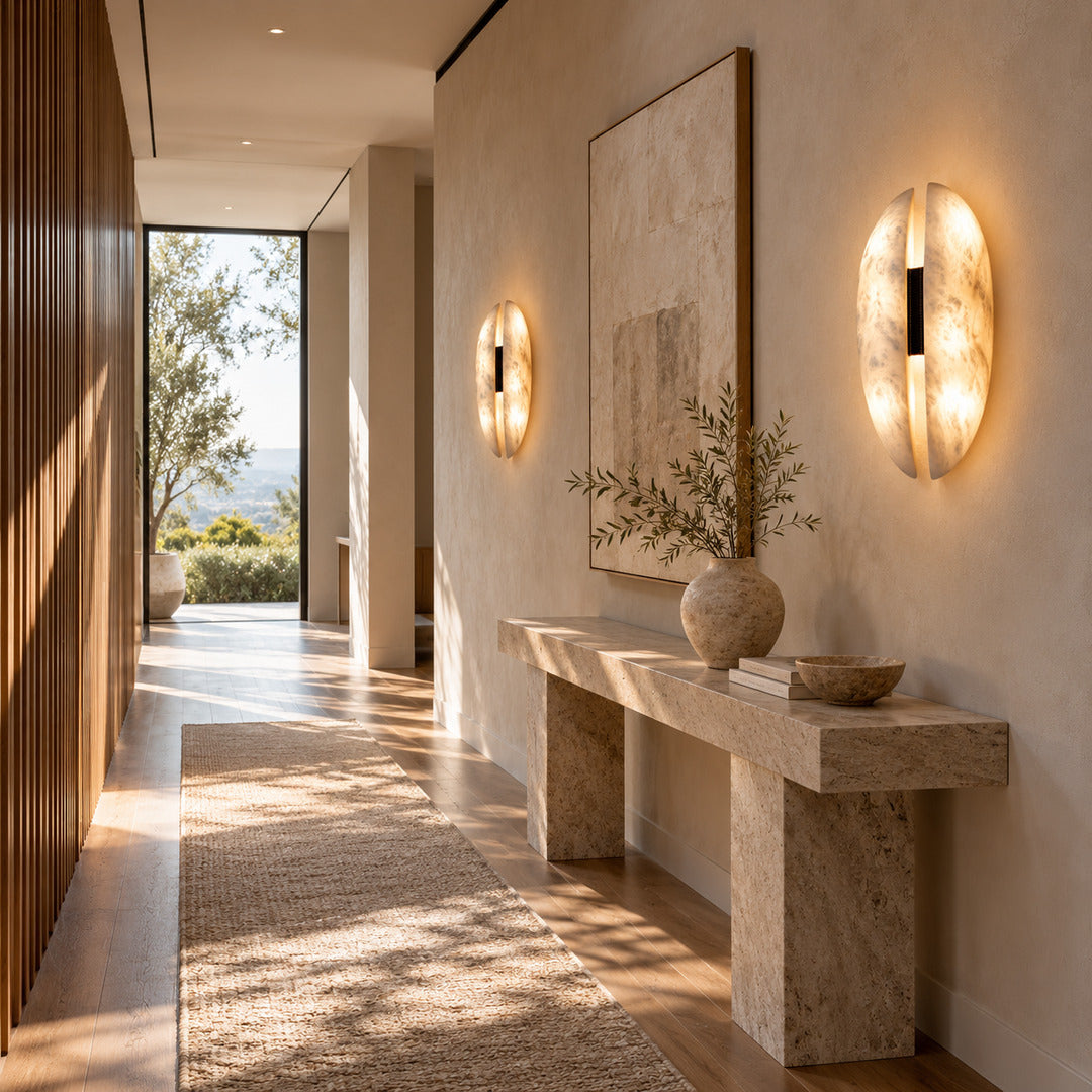 Velo alabaster wall sconces lining a hallway